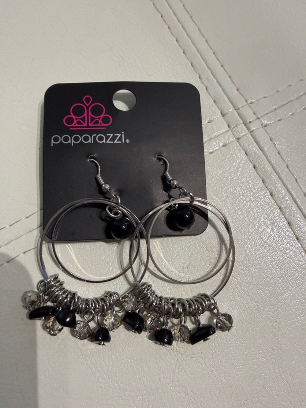 paparazzi Black and Silver Double Hoop Charm Earrings